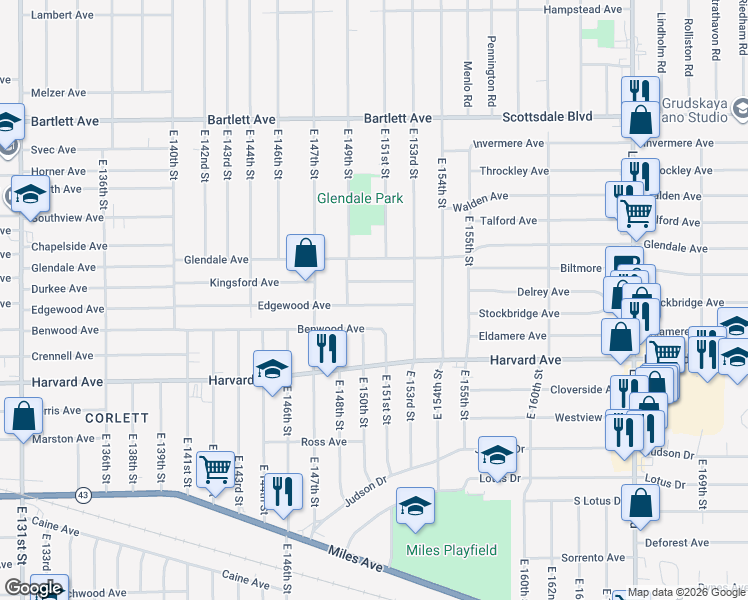 map of restaurants, bars, coffee shops, grocery stores, and more near 15013 Benwood Avenue in Cleveland