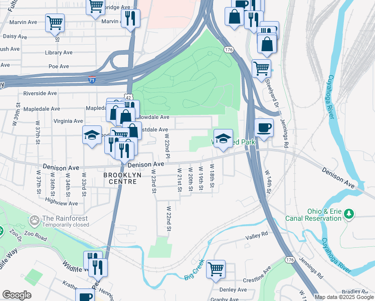 map of restaurants, bars, coffee shops, grocery stores, and more near 2003 Denison Avenue in Cleveland