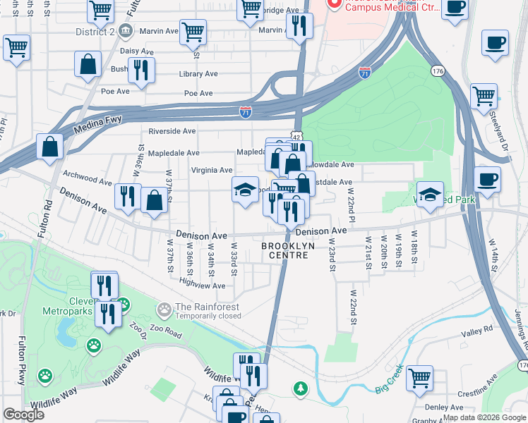 map of restaurants, bars, coffee shops, grocery stores, and more near in Cleveland