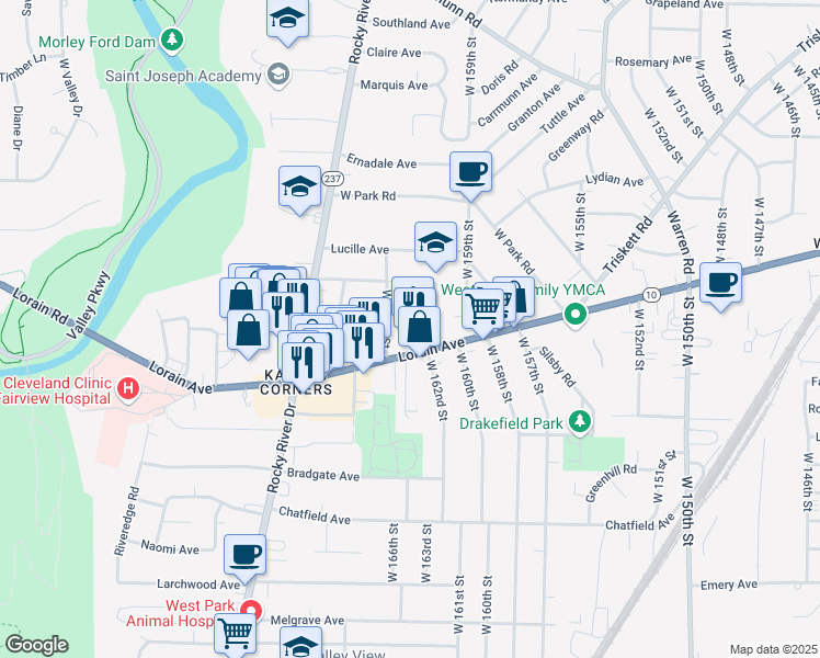 map of restaurants, bars, coffee shops, grocery stores, and more near 16420 Lorain Avenue in Cleveland