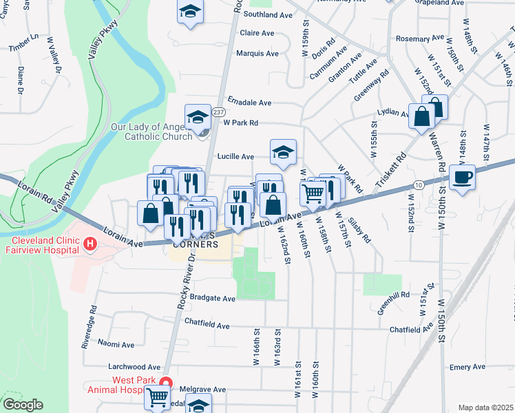 map of restaurants, bars, coffee shops, grocery stores, and more near 16420 Lorain Avenue in Cleveland
