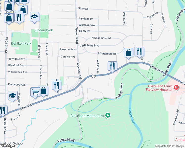 map of restaurants, bars, coffee shops, grocery stores, and more near 19790 Lorain Road in Fairview Park