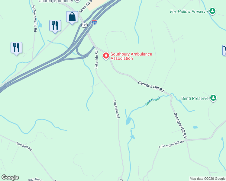 map of restaurants, bars, coffee shops, grocery stores, and more near 361 Lakeside Road in Southbury