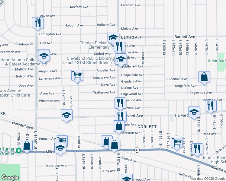 map of restaurants, bars, coffee shops, grocery stores, and more near 12905 Dove Avenue in Cleveland
