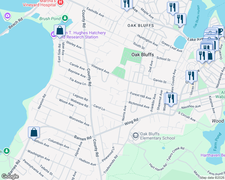 map of restaurants, bars, coffee shops, grocery stores, and more near 57 Roger's Way in Oak Bluffs