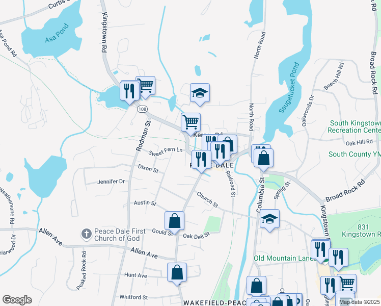 map of restaurants, bars, coffee shops, grocery stores, and more near 1283 Kingstown Rd in Wakefield