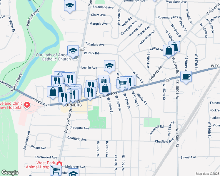 map of restaurants, bars, coffee shops, grocery stores, and more near 165 West Avenue in Cleveland