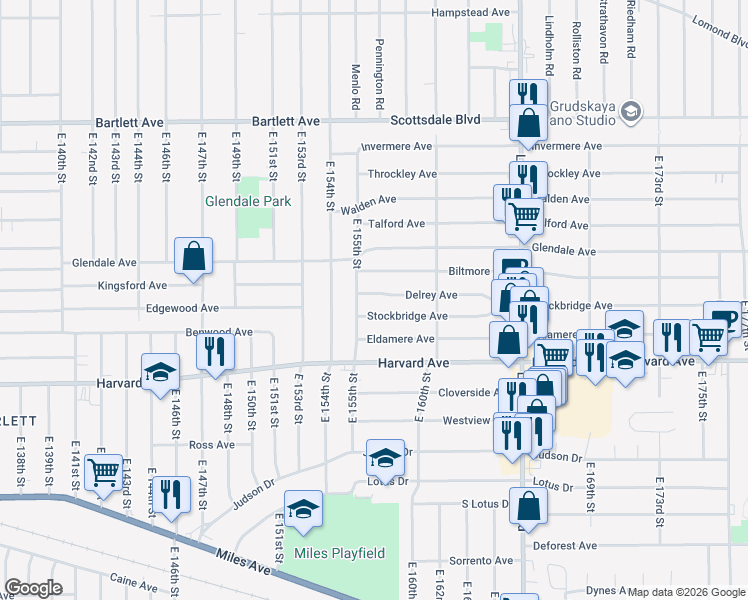 map of restaurants, bars, coffee shops, grocery stores, and more near 15510 Biltmore Avenue in Cleveland