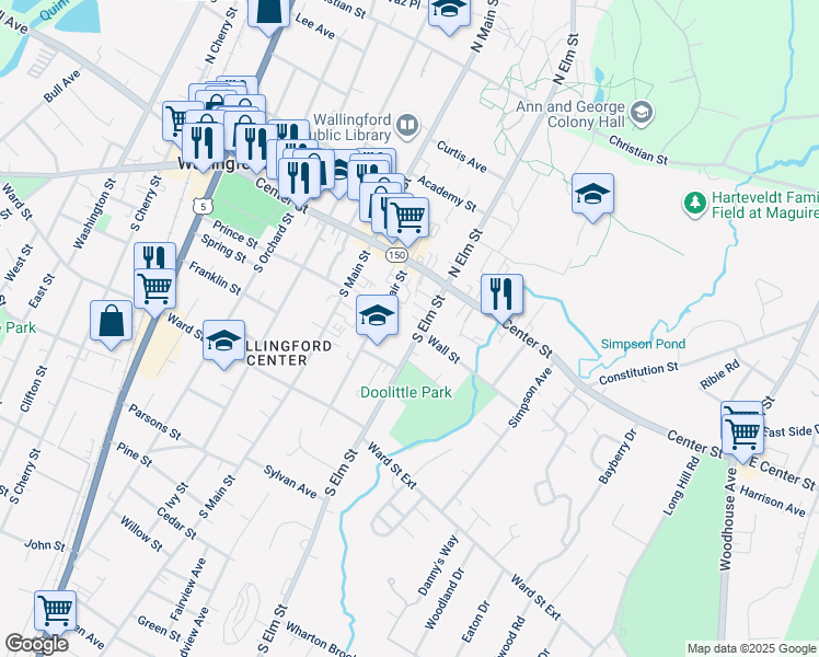 map of restaurants, bars, coffee shops, grocery stores, and more near 44 Fair Street in Wallingford
