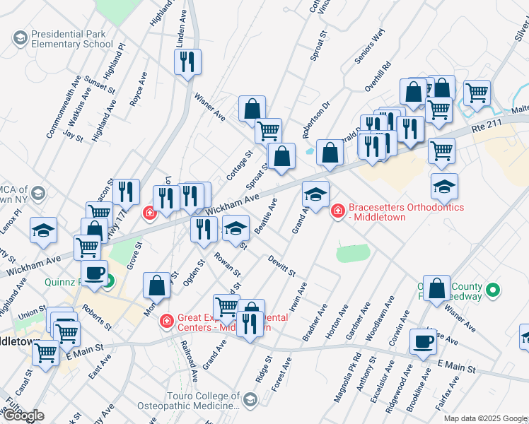 map of restaurants, bars, coffee shops, grocery stores, and more near 194 Wickham Avenue in Middletown