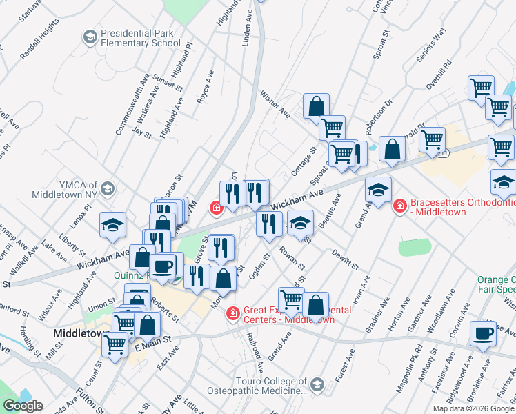 map of restaurants, bars, coffee shops, grocery stores, and more near 15 Eldred Street in Middletown