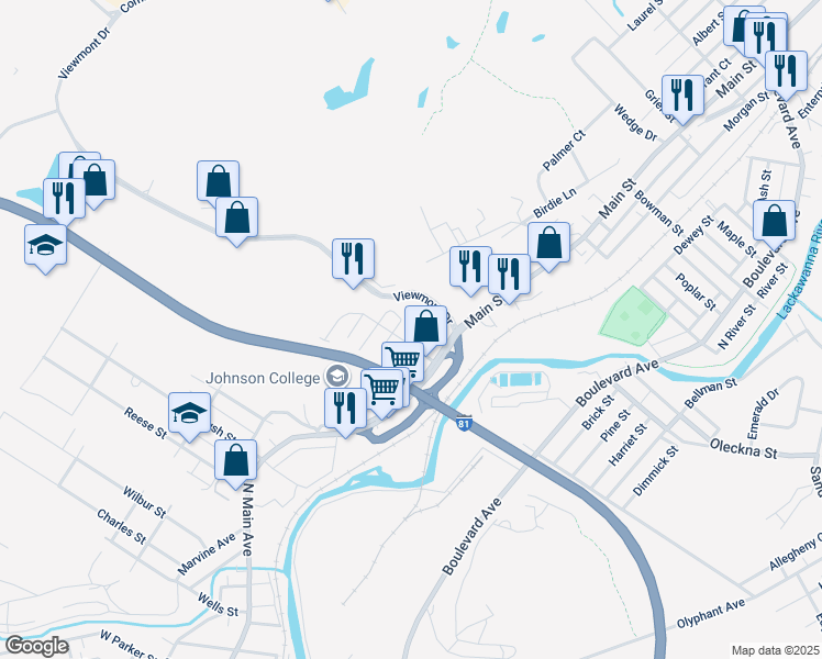 map of restaurants, bars, coffee shops, grocery stores, and more near 231 Lincoln Street in Dickson City