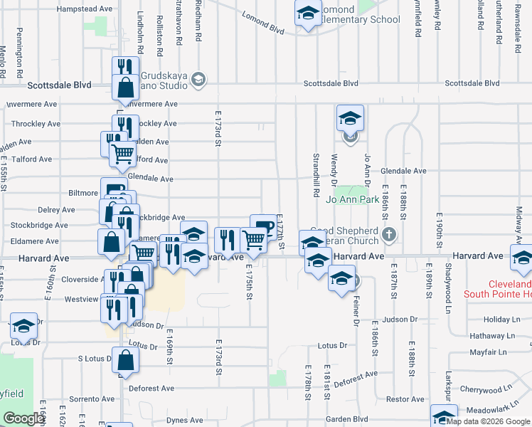 map of restaurants, bars, coffee shops, grocery stores, and more near 3922 East 176th Street in Cleveland
