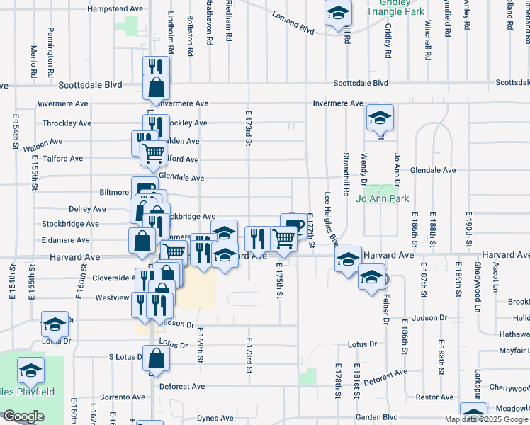 map of restaurants, bars, coffee shops, grocery stores, and more near 17324 Biltmore Avenue in Cleveland
