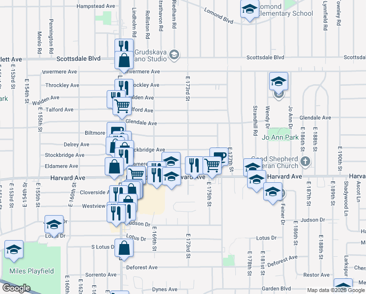 map of restaurants, bars, coffee shops, grocery stores, and more near 17208 Biltmore Avenue in Cleveland