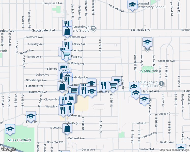 map of restaurants, bars, coffee shops, grocery stores, and more near 17208 Biltmore Avenue in Cleveland
