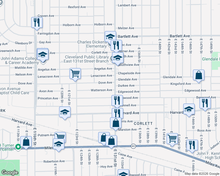 map of restaurants, bars, coffee shops, grocery stores, and more near 12905 Dove Avenue in Cleveland