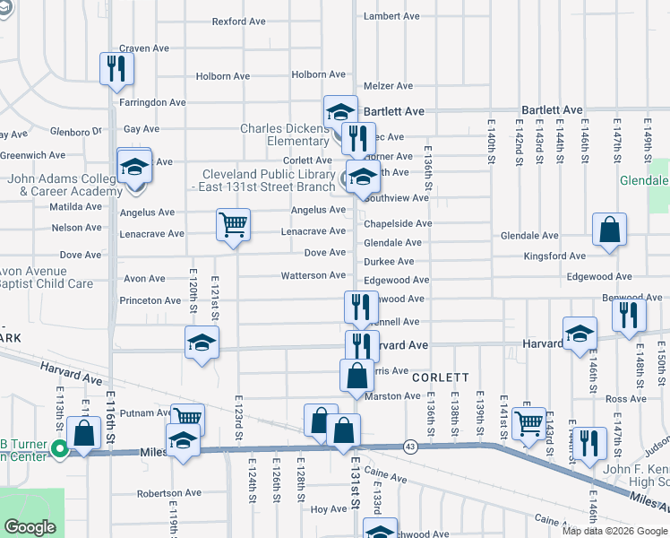 map of restaurants, bars, coffee shops, grocery stores, and more near 12905 Dove Avenue in Cleveland