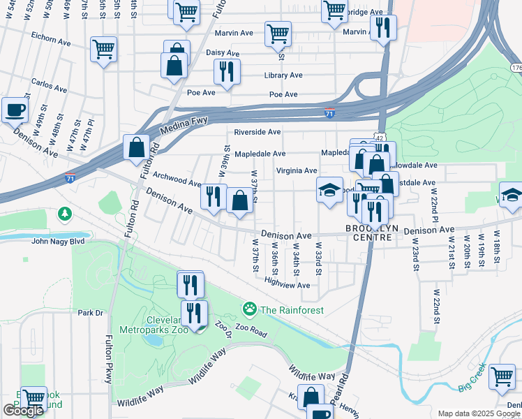 map of restaurants, bars, coffee shops, grocery stores, and more near 3603 Archwood Avenue in Cleveland