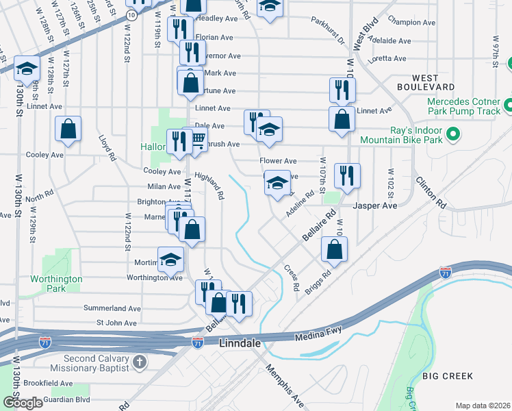 map of restaurants, bars, coffee shops, grocery stores, and more near 3664 Bosworth Road in Cleveland