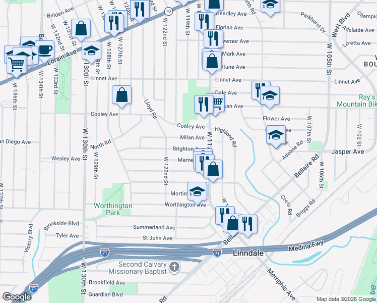 map of restaurants, bars, coffee shops, grocery stores, and more near 11909 Milan Avenue in Cleveland