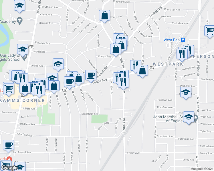 map of restaurants, bars, coffee shops, grocery stores, and more near 15207 Lorain Avenue in Cleveland