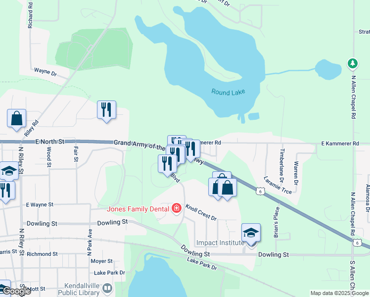 map of restaurants, bars, coffee shops, grocery stores, and more near 1488 East Kammerer Road in Kendallville