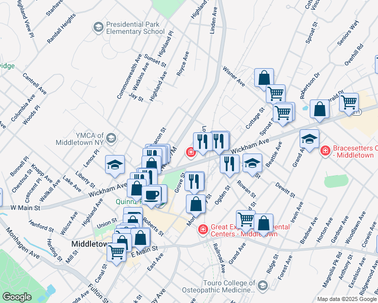 map of restaurants, bars, coffee shops, grocery stores, and more near 24 Smith Street in Middletown