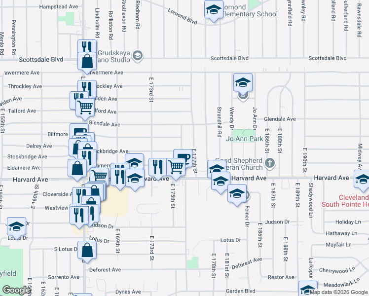 map of restaurants, bars, coffee shops, grocery stores, and more near 3922 East 176th Street in Cleveland