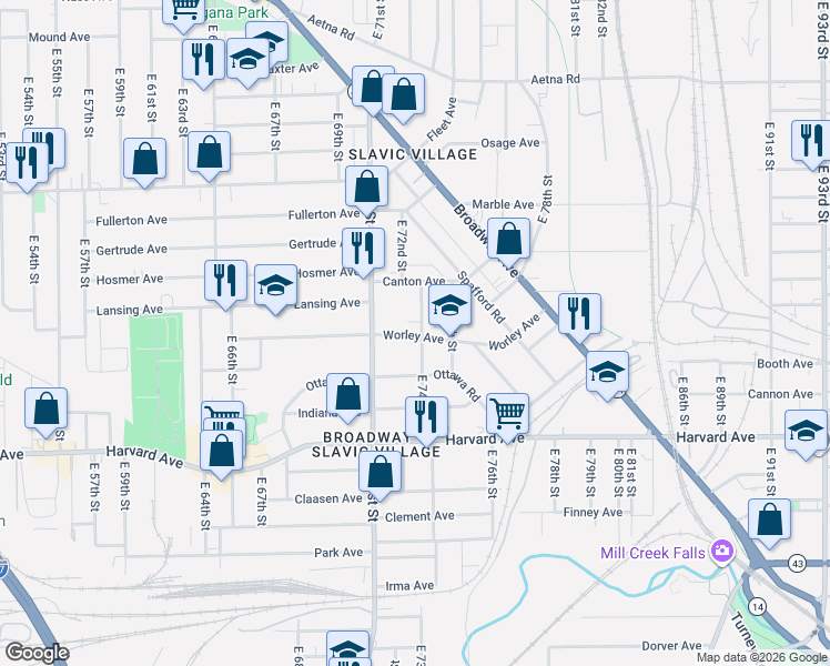 map of restaurants, bars, coffee shops, grocery stores, and more near 3896 East 74th Street in Cleveland