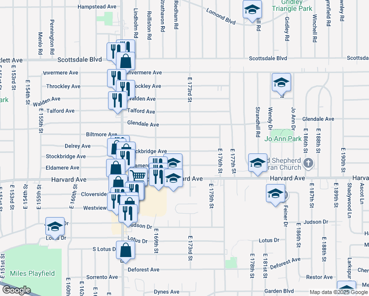 map of restaurants, bars, coffee shops, grocery stores, and more near 17207 Stockbridge Avenue in Cleveland