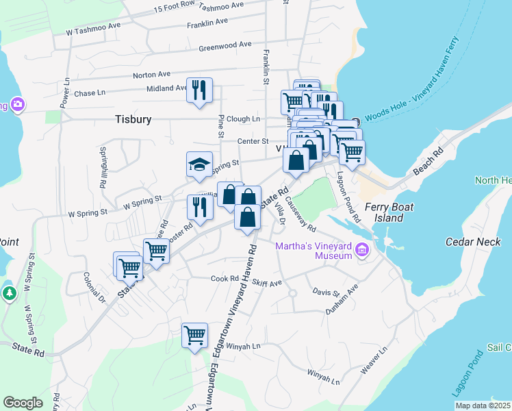map of restaurants, bars, coffee shops, grocery stores, and more near 11 William Street in Tisbury