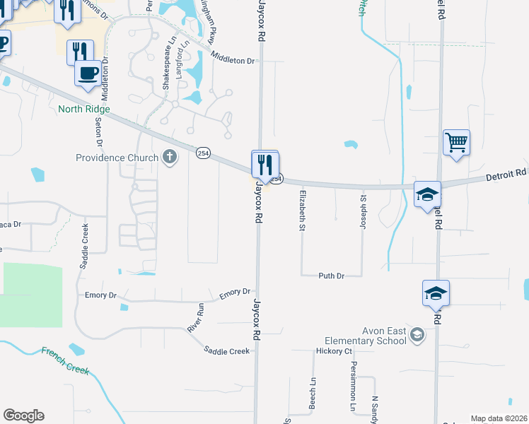 map of restaurants, bars, coffee shops, grocery stores, and more near 2566 Jaycox Road in Avon