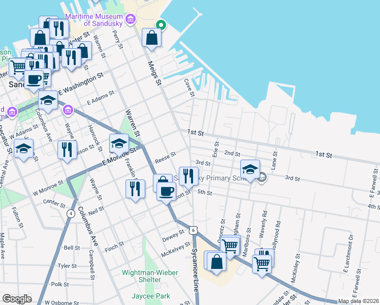 map of restaurants, bars, coffee shops, grocery stores, and more near in Sandusky