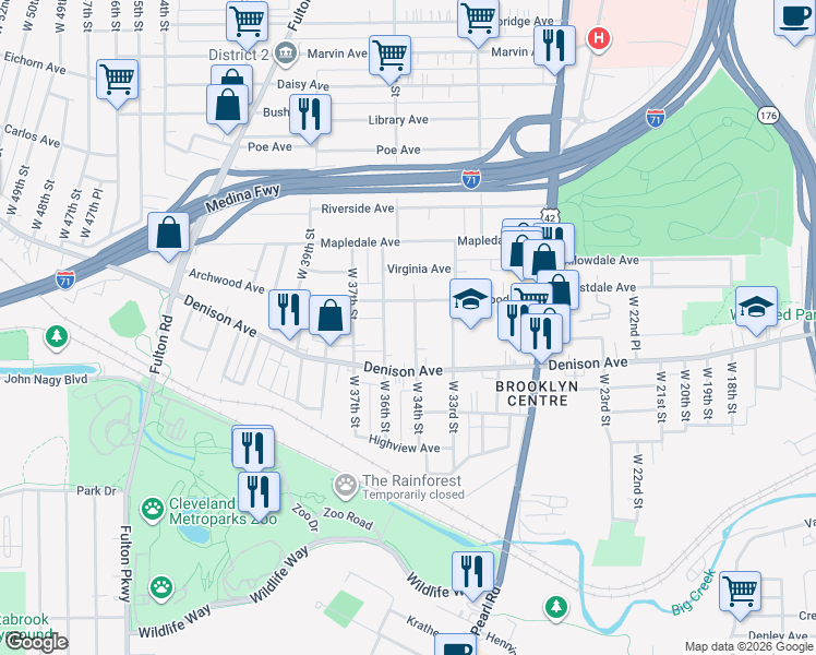 map of restaurants, bars, coffee shops, grocery stores, and more near 3339 Archwood Avenue in Cleveland
