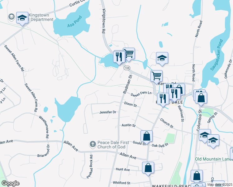 map of restaurants, bars, coffee shops, grocery stores, and more near 16 Serenity Way in South Kingstown