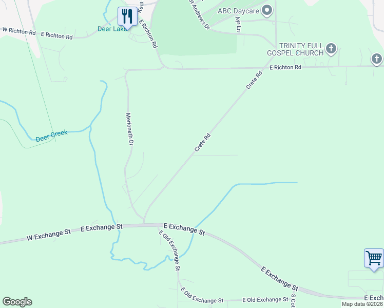 map of restaurants, bars, coffee shops, grocery stores, and more near Crete Road in Crete