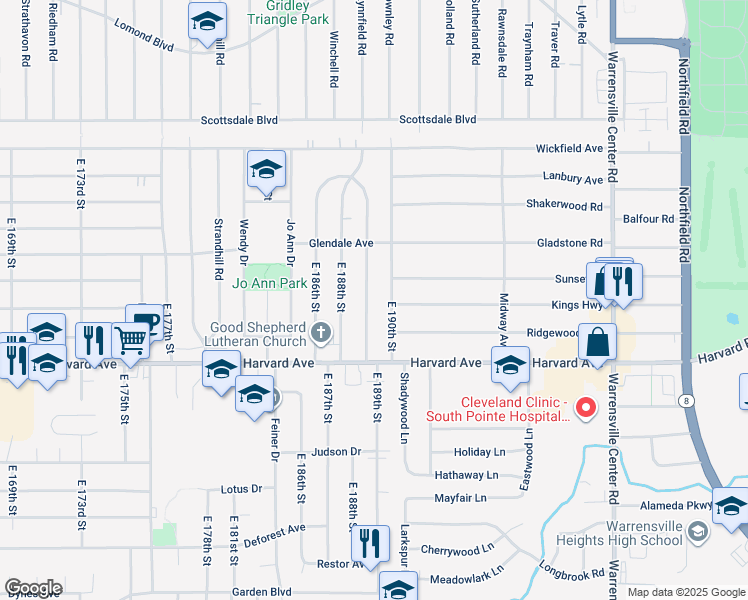 map of restaurants, bars, coffee shops, grocery stores, and more near 3932 East 190th Street in Cleveland