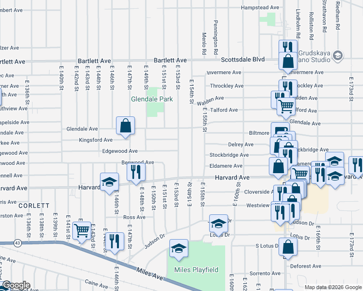 map of restaurants, bars, coffee shops, grocery stores, and more near 3924 East 153rd Street in Cleveland