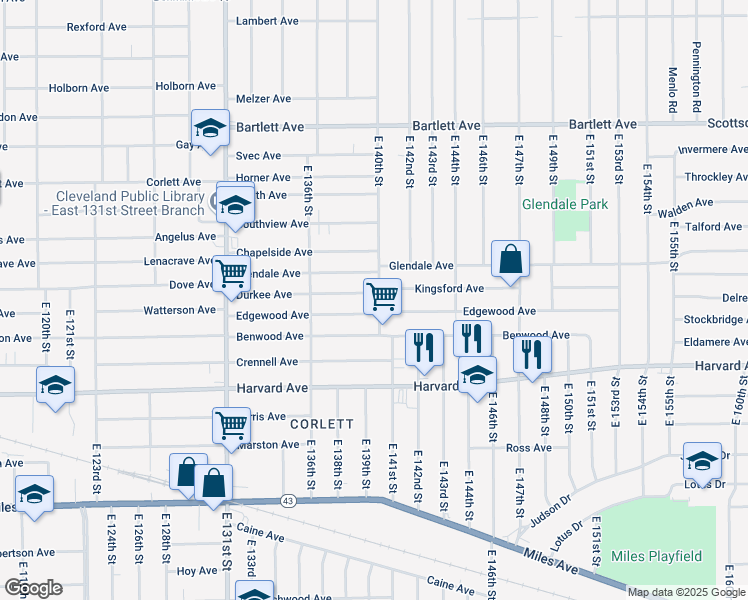 map of restaurants, bars, coffee shops, grocery stores, and more near 3926 East 140th Street in Cleveland
