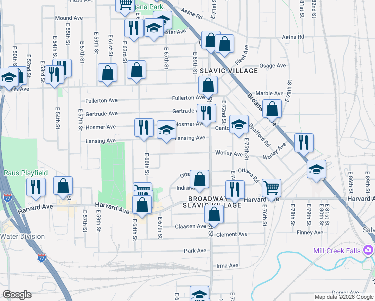 map of restaurants, bars, coffee shops, grocery stores, and more near 6918 Lansing Avenue in Cleveland
