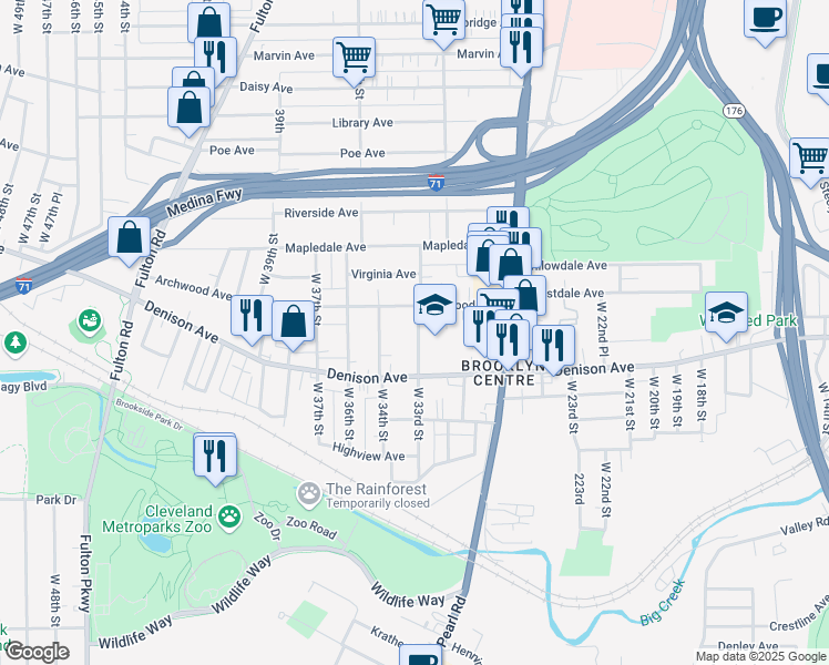 map of restaurants, bars, coffee shops, grocery stores, and more near 3773 West 33rd Street in Cleveland