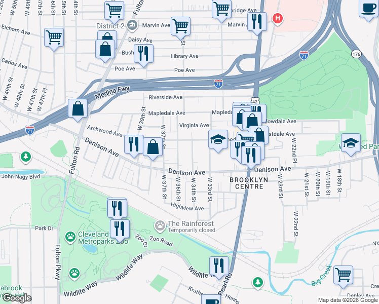 map of restaurants, bars, coffee shops, grocery stores, and more near 3339 Archwood Avenue in Cleveland