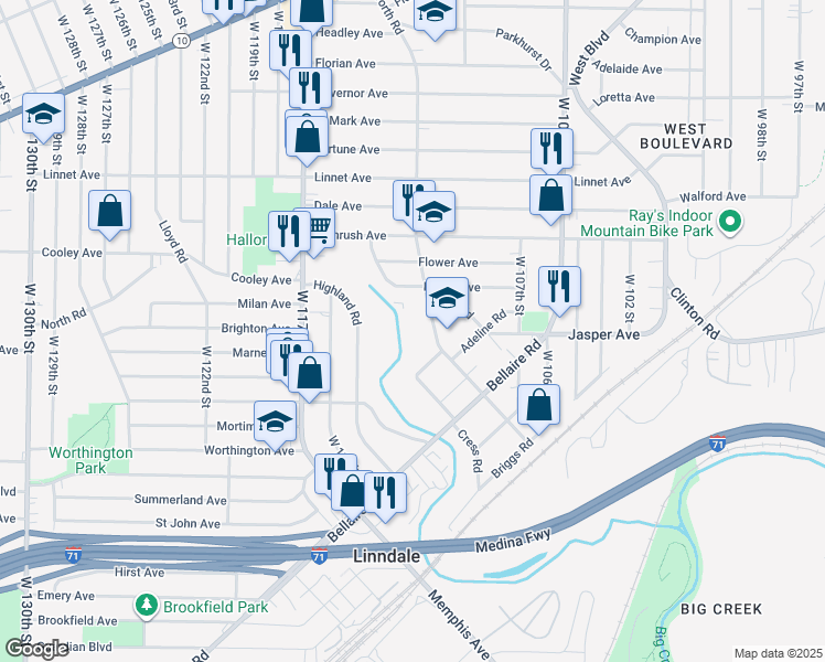 map of restaurants, bars, coffee shops, grocery stores, and more near 3664 Bosworth Road in Cleveland