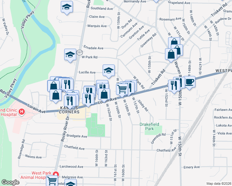 map of restaurants, bars, coffee shops, grocery stores, and more near 3707 West 159th Street in Cleveland