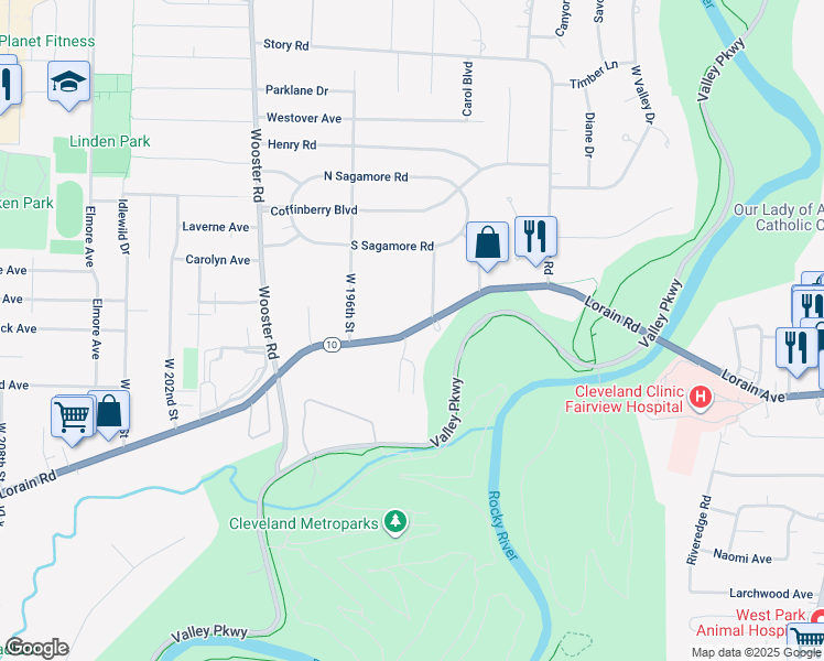 map of restaurants, bars, coffee shops, grocery stores, and more near 19340 Lorain Road in Fairview Park
