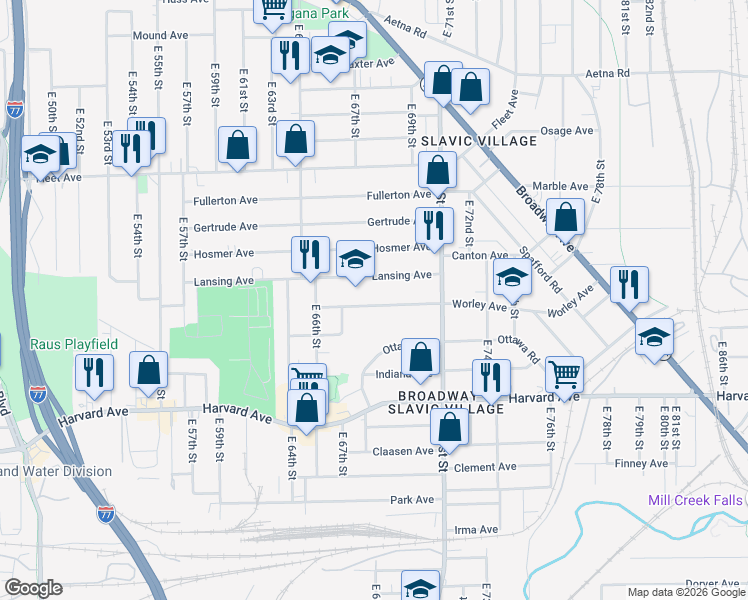 map of restaurants, bars, coffee shops, grocery stores, and more near 6804 Lansing Avenue in Cleveland