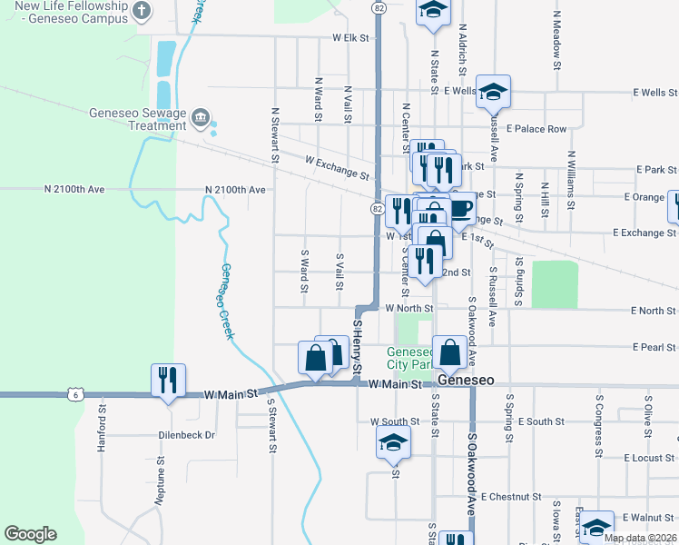 map of restaurants, bars, coffee shops, grocery stores, and more near 201 South Vail Street in Geneseo