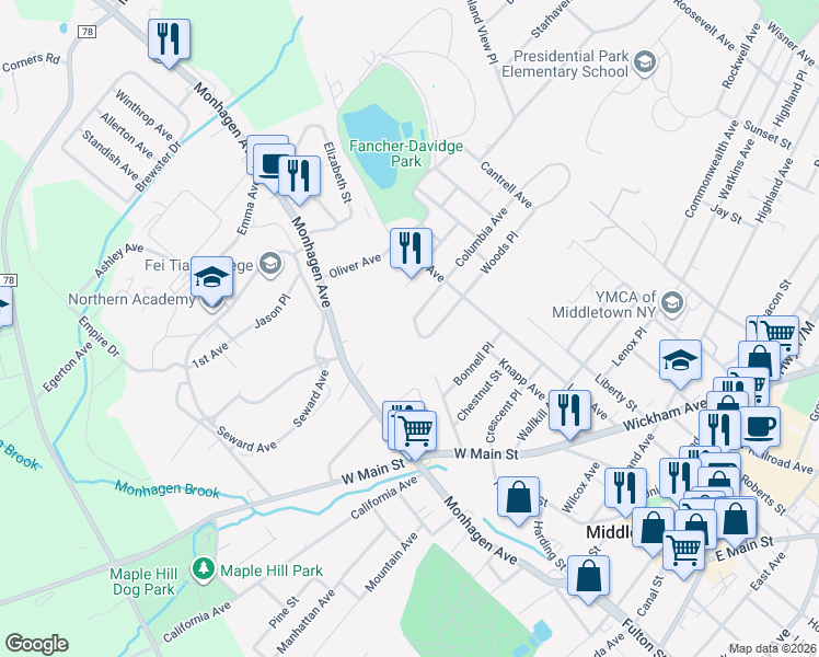 map of restaurants, bars, coffee shops, grocery stores, and more near 16-18 Claremont Court in Middletown