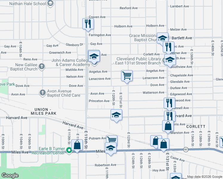 map of restaurants, bars, coffee shops, grocery stores, and more near 12017 Dove Avenue in Cleveland